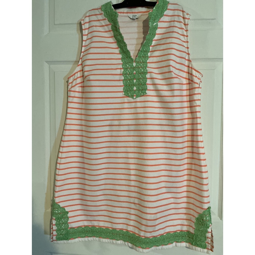 Crown & Ivy Women Orange White Striped Green Crochet‎ Trim Shift Dress Size 16
